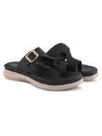 Perforated Buckle Accent Cushioned Comfort Flat Slippers