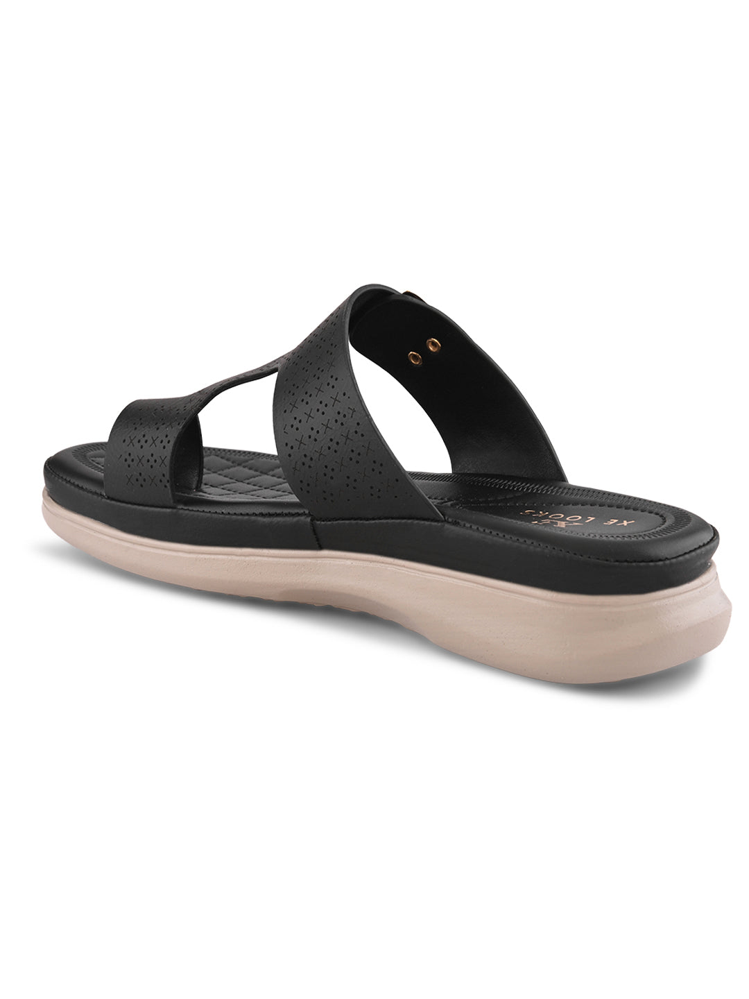 Perforated Buckle Accent Cushioned Comfort Flat Slippers