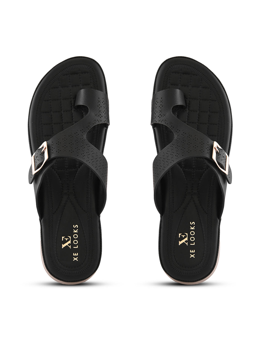 Perforated Buckle Accent Cushioned Comfort Flat Slippers