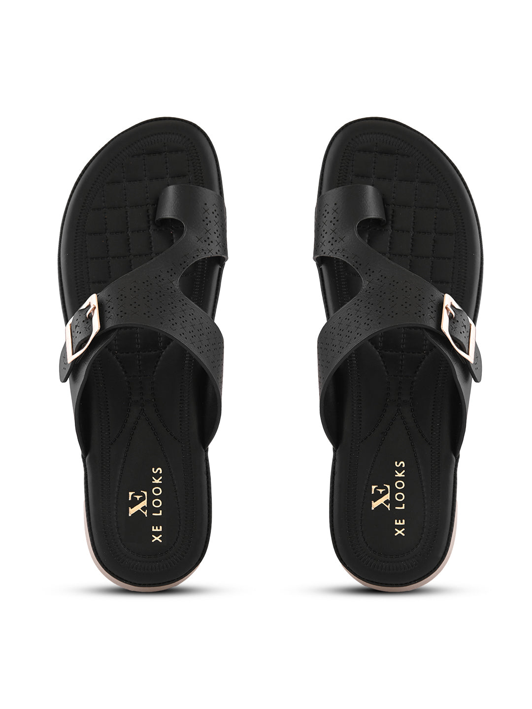 Perforated Buckle Accent Cushioned Comfort Flat Slippers