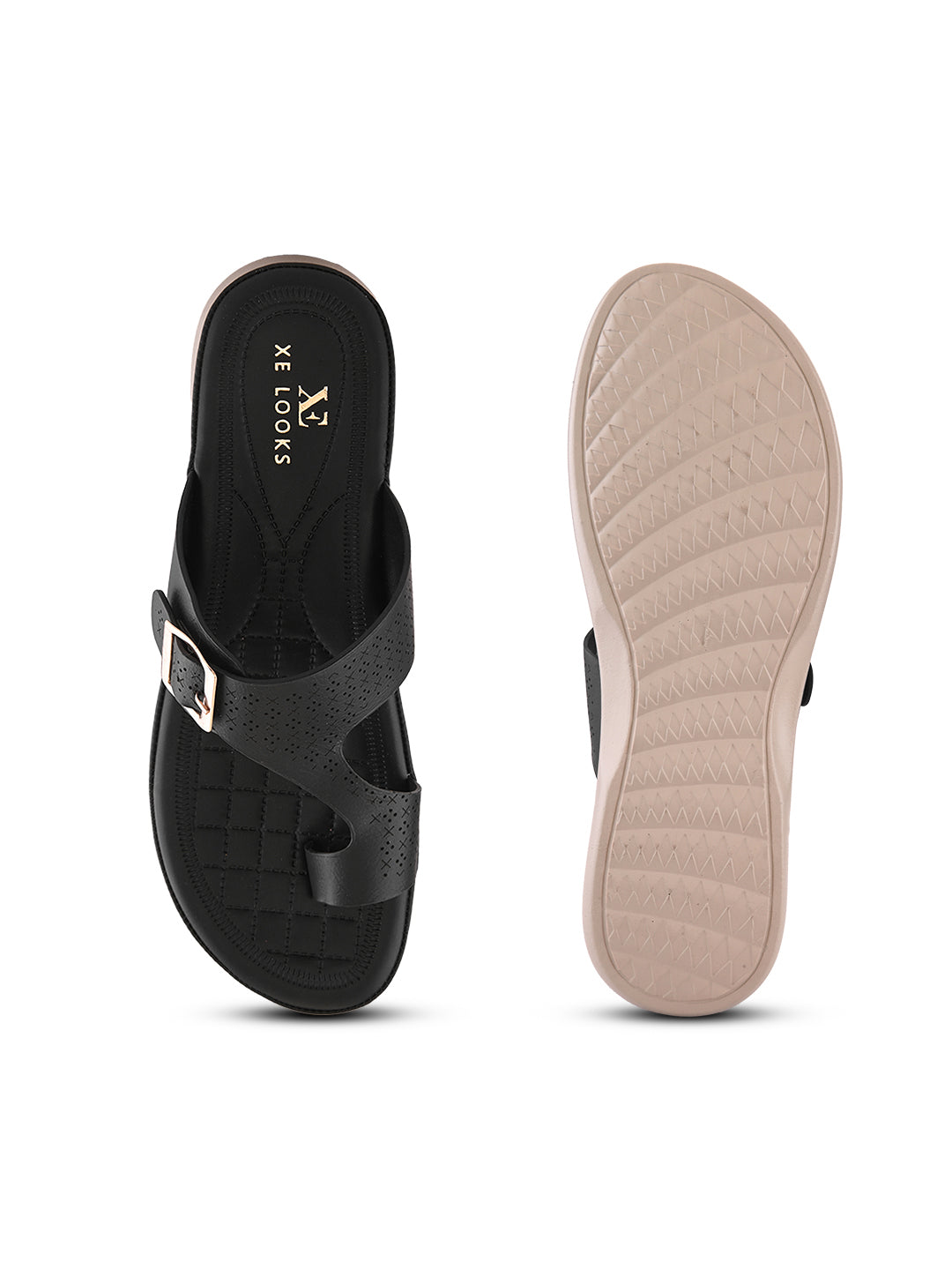 Perforated Buckle Accent Cushioned Comfort Flat Slippers