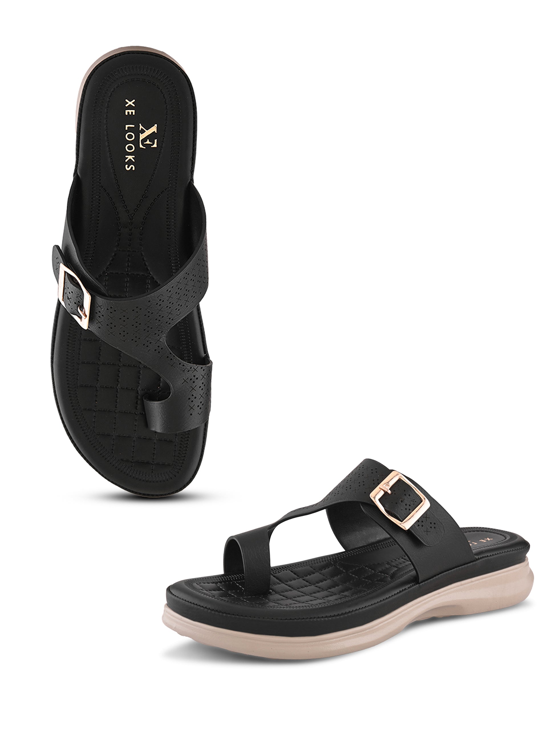 Perforated Buckle Accent Cushioned Comfort Flat Slippers