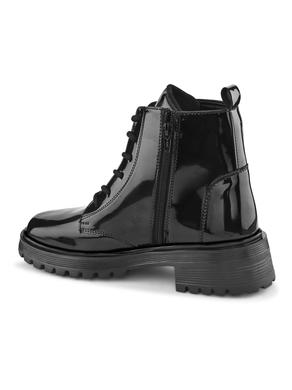Glossy Lace-Up Side Zip Chunky Sole Ankle Boots