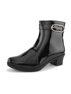 Glossy Buckle Accent Side Zip Block Heel Ankle Boots