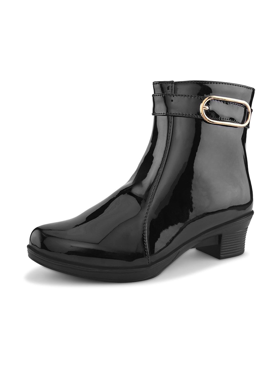 Glossy Buckle Accent Side Zip Block Heel Ankle Boots
