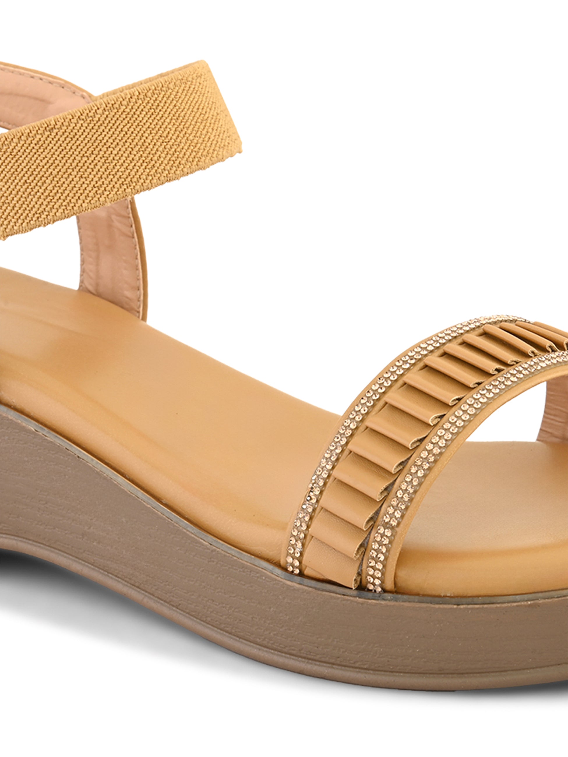 Wedge Sandals Pleated Front Strap with Elastic Back Support