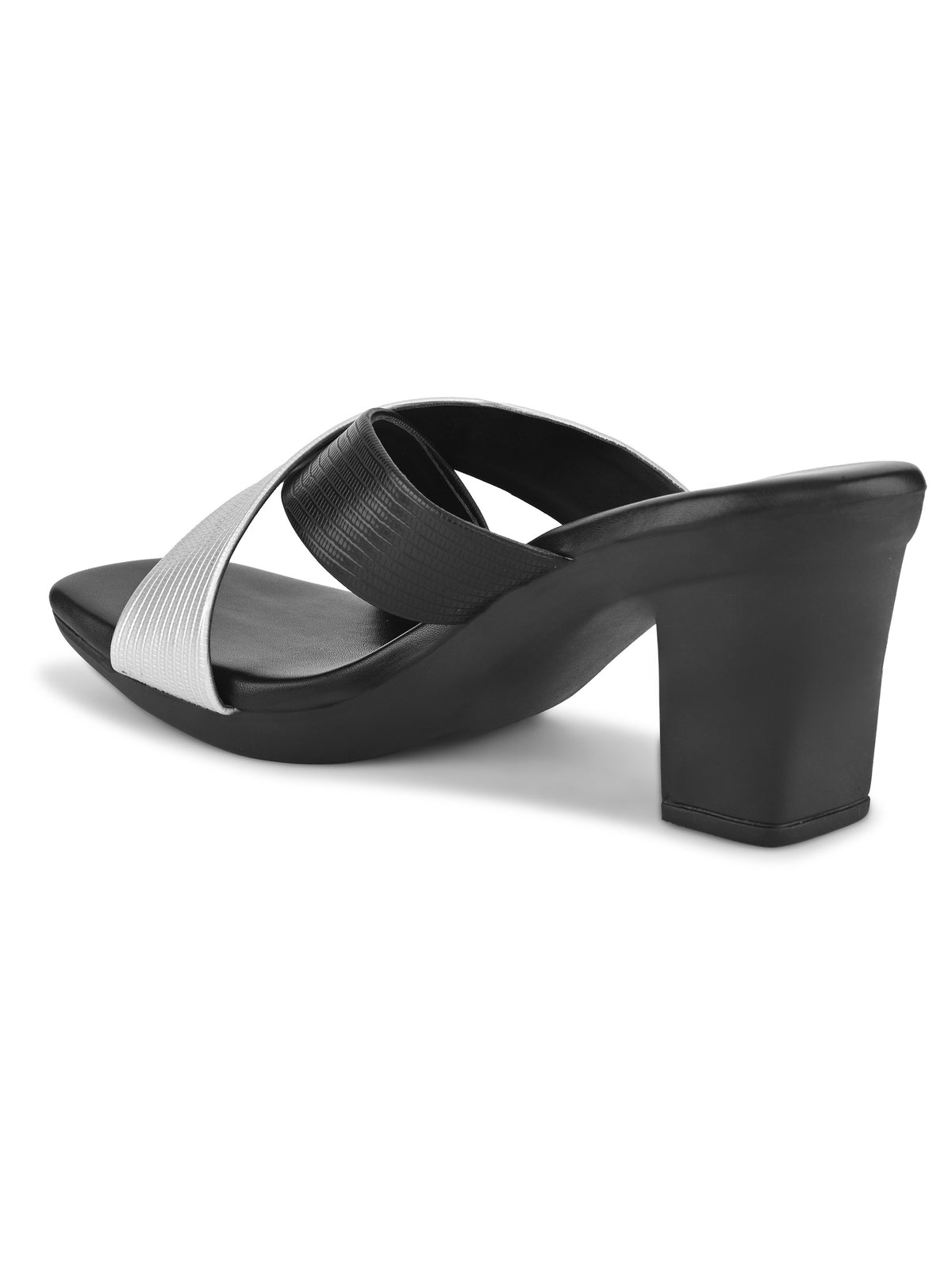 TEXTURED CROSS-STRAP SQUARE TOE BLOCK HEEL MULES