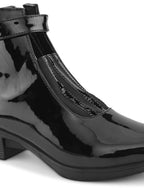 Glossy Buckle Accent Side Zipper Block Heel Ankle Boots