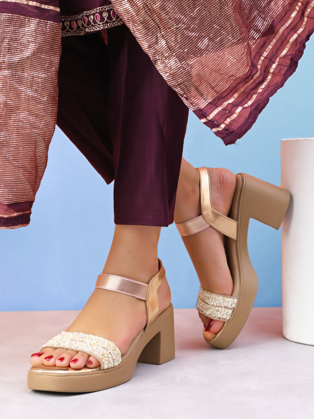 Embellished Beaded Strap Block Heel Sandal