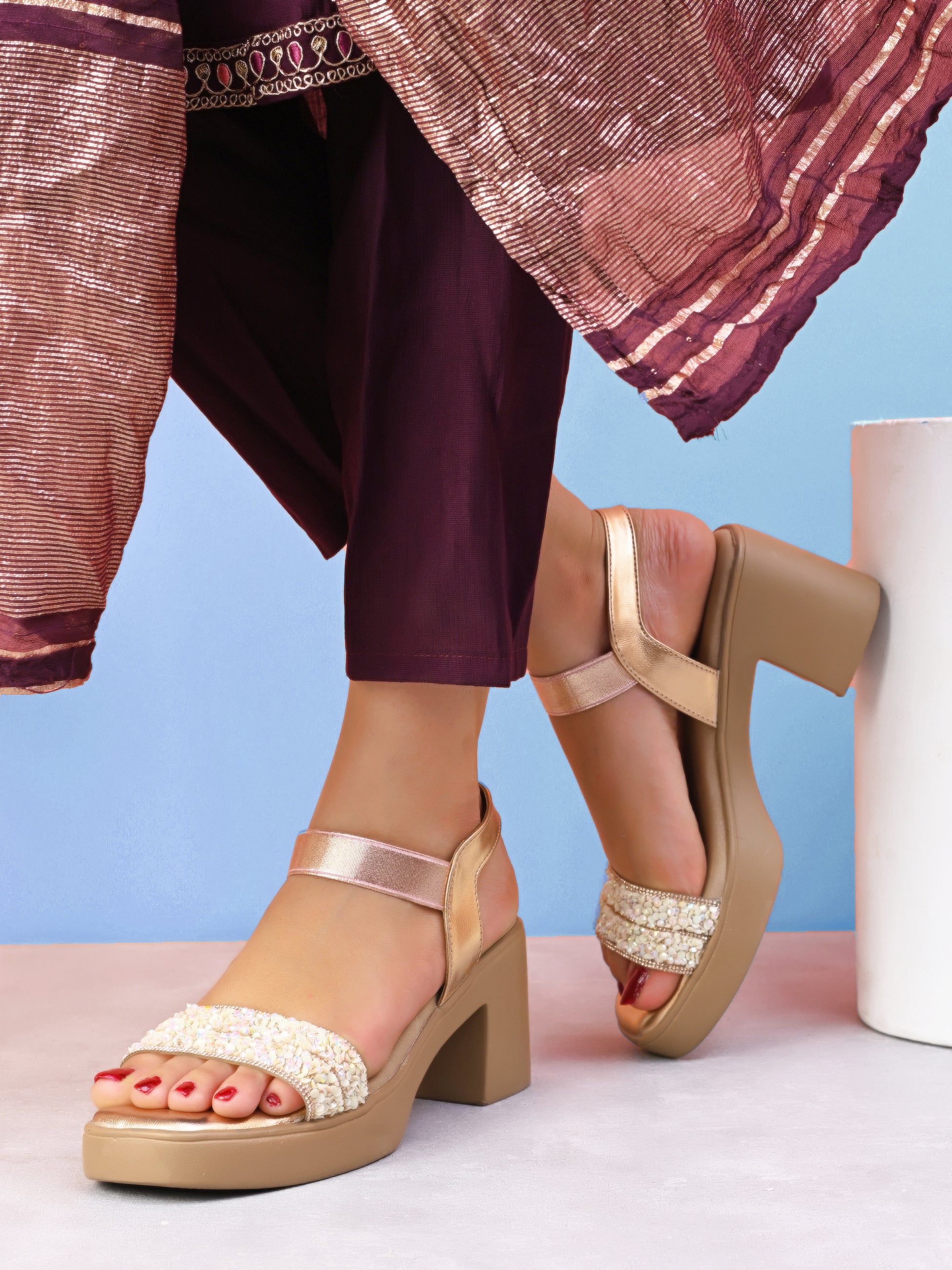 Embellished Beaded Strap Block Heel Sandal