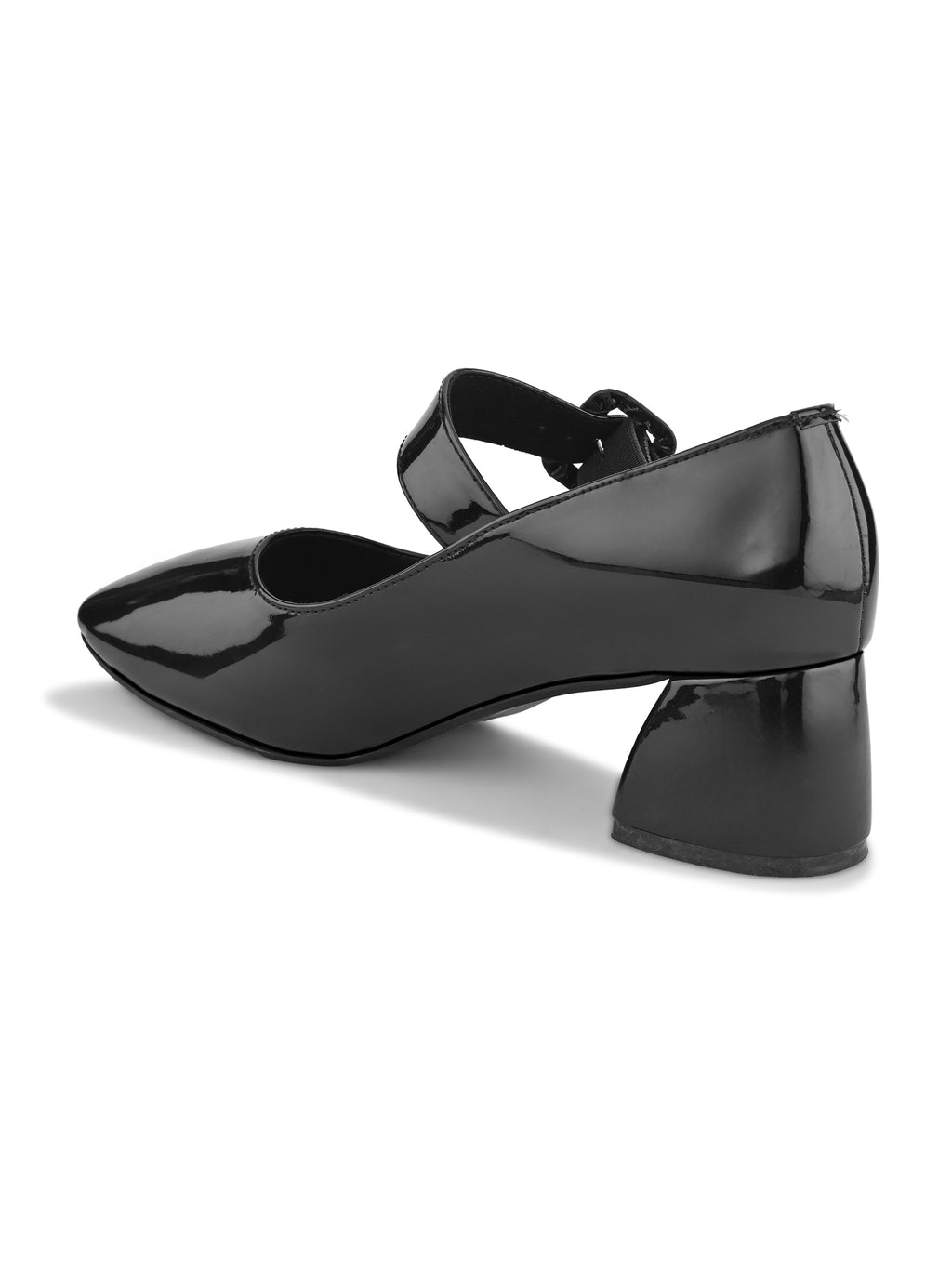 Glossy Patent-Finish Buckle Strap Block Heel Closed Toe Pumps