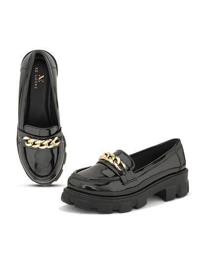 Glossy  Loafers with Chunky Sole and Gold Chain Accent