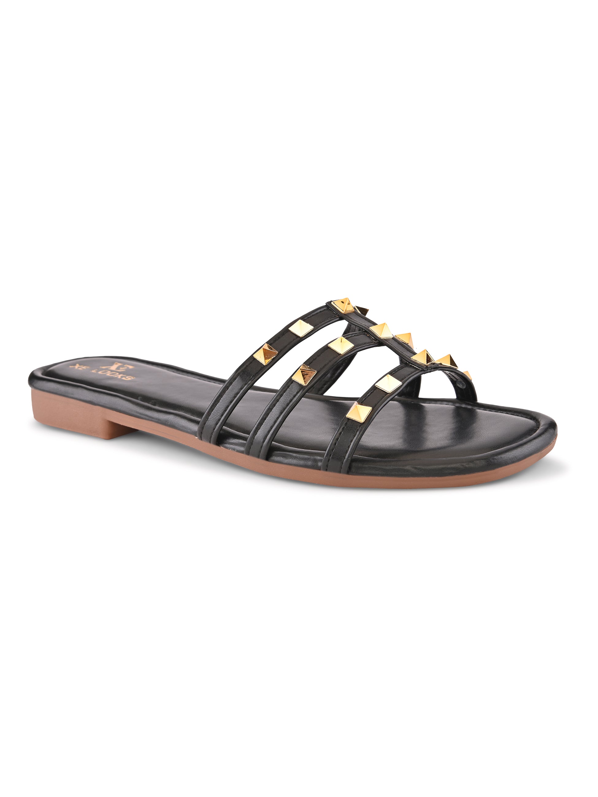 STUDDED MULTI-STRAP OPEN TOE FLAT SANDALS