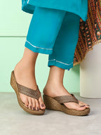 Wedge Thong Sandals Pleated Upper Strap with Subtle Rhinestone Embellishments