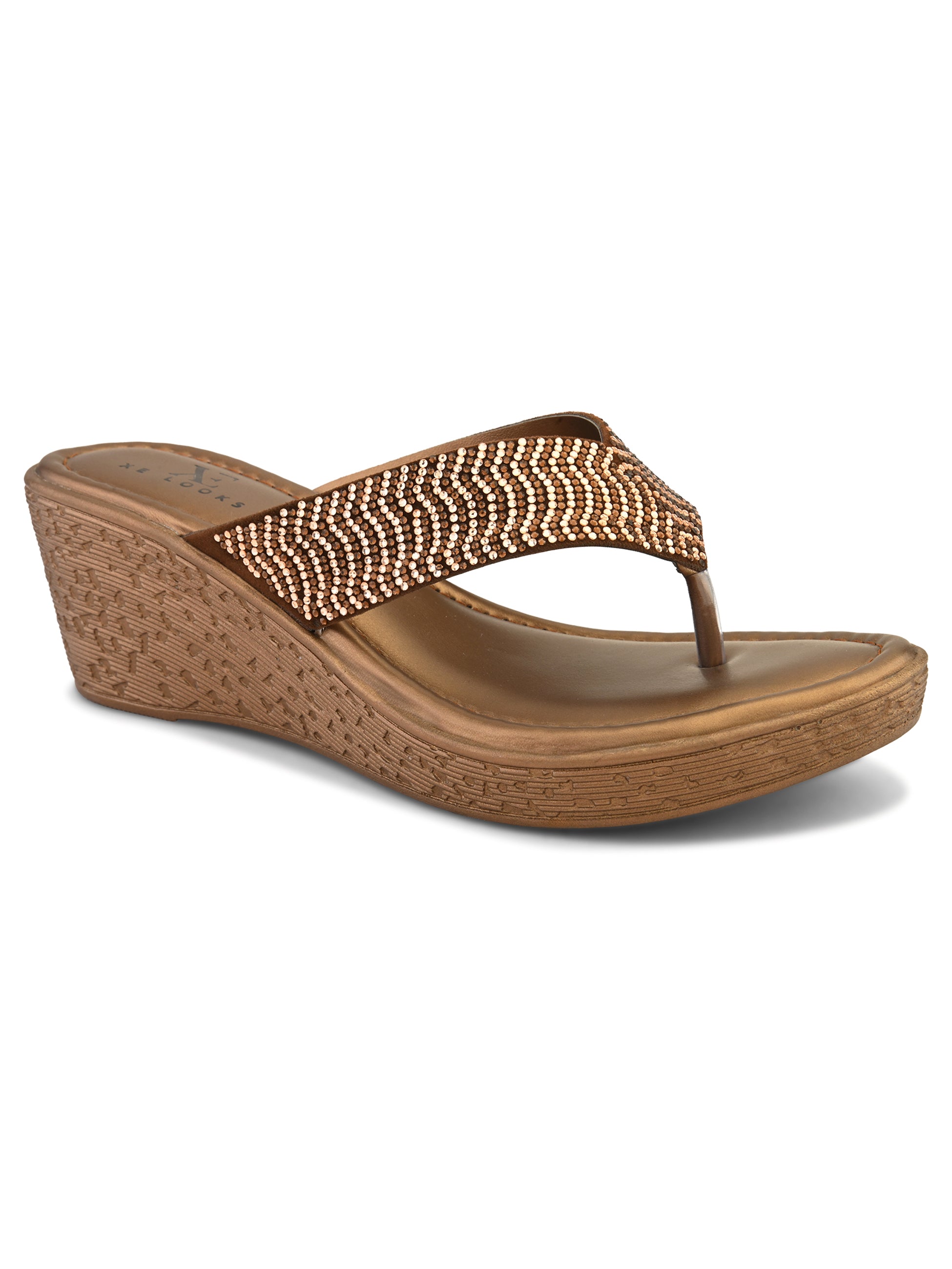 Wedge Thong Sandals Pleated Upper Strap with Subtle Rhinestone Embellishments