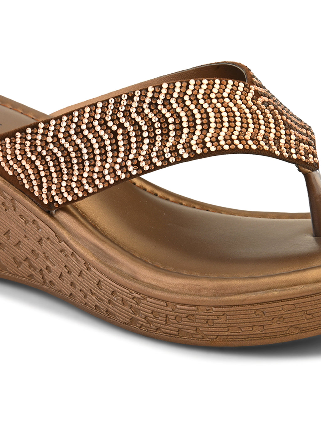 Wedge Thong Sandals Pleated Upper Strap with Subtle Rhinestone Embellishments