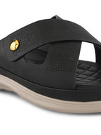Textured Cross Strap Gold Accent Cushioned Comfort Flat Slippers