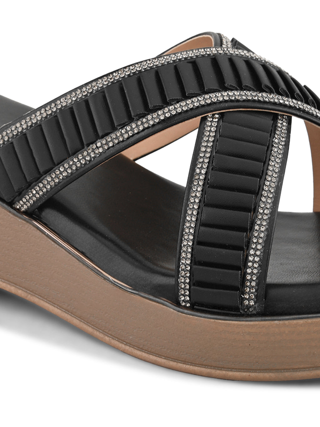 Criss-Cross Wedge Sandals for Women Pleated Straps with Subtle Shine Detailing