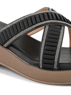 Criss-Cross Wedge Sandals for Women Pleated Straps with Subtle Shine Detailing
