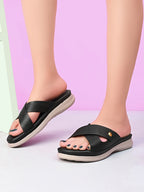 Textured Cross Strap Gold Accent Cushioned Comfort Flat Slippers
