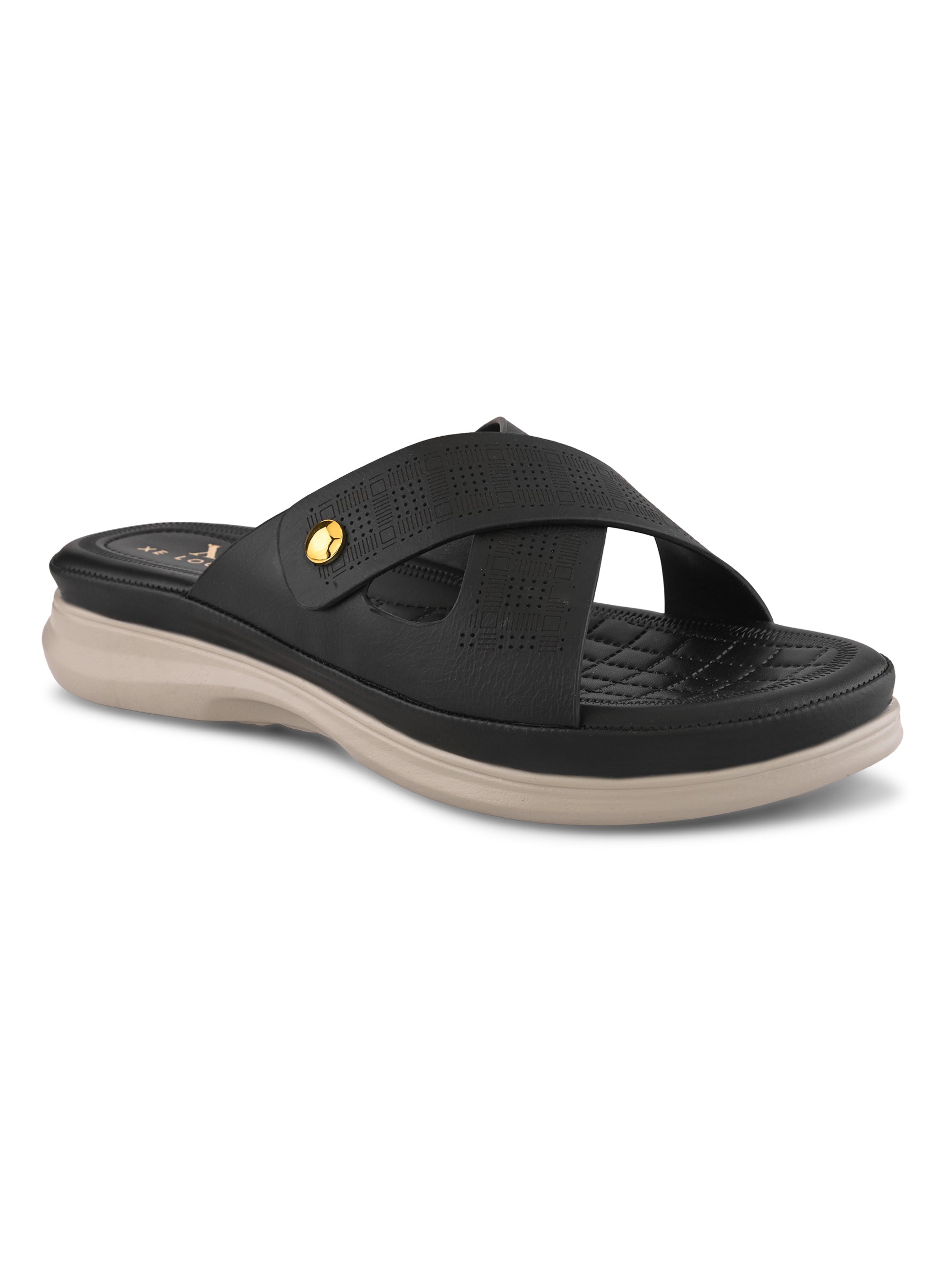 Textured Cross Strap Gold Accent Cushioned Comfort Flat Slippers