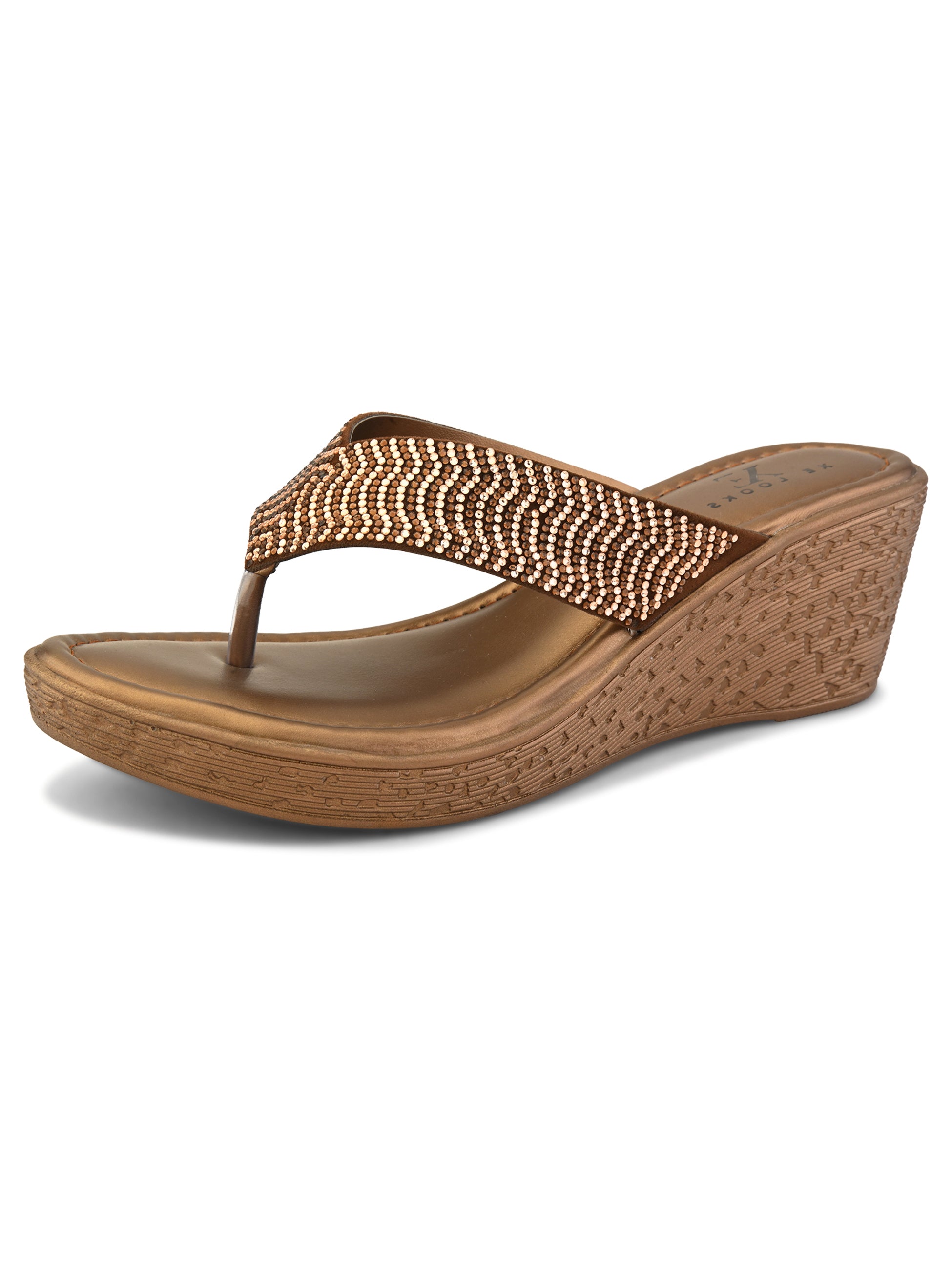 Wedge Thong Sandals Pleated Upper Strap with Subtle Rhinestone Embellishments
