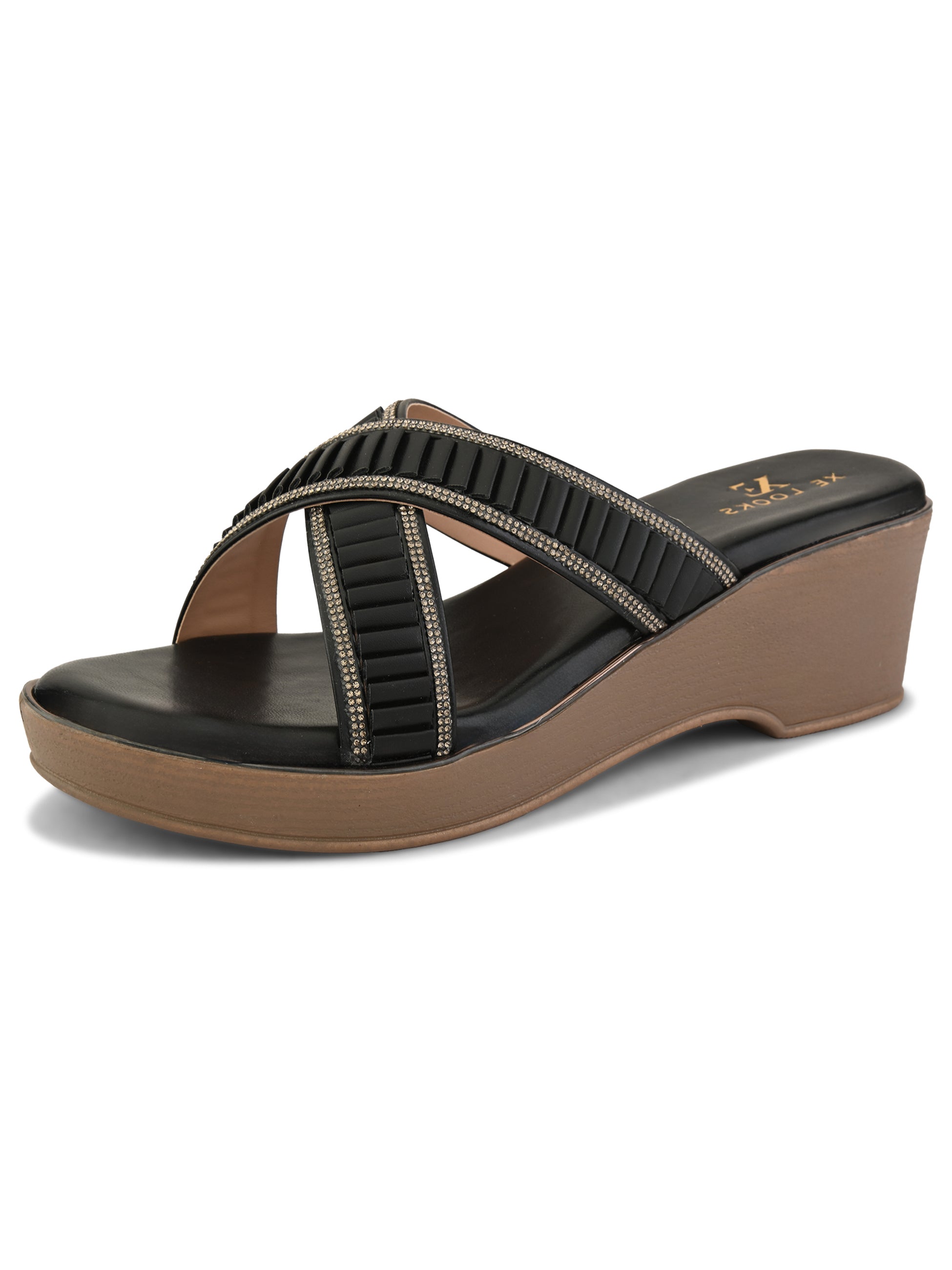 Criss-Cross Wedge Sandals for Women Pleated Straps with Subtle Shine Detailing