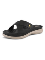 Textured Cross Strap Gold Accent Cushioned Comfort Flat Slippers