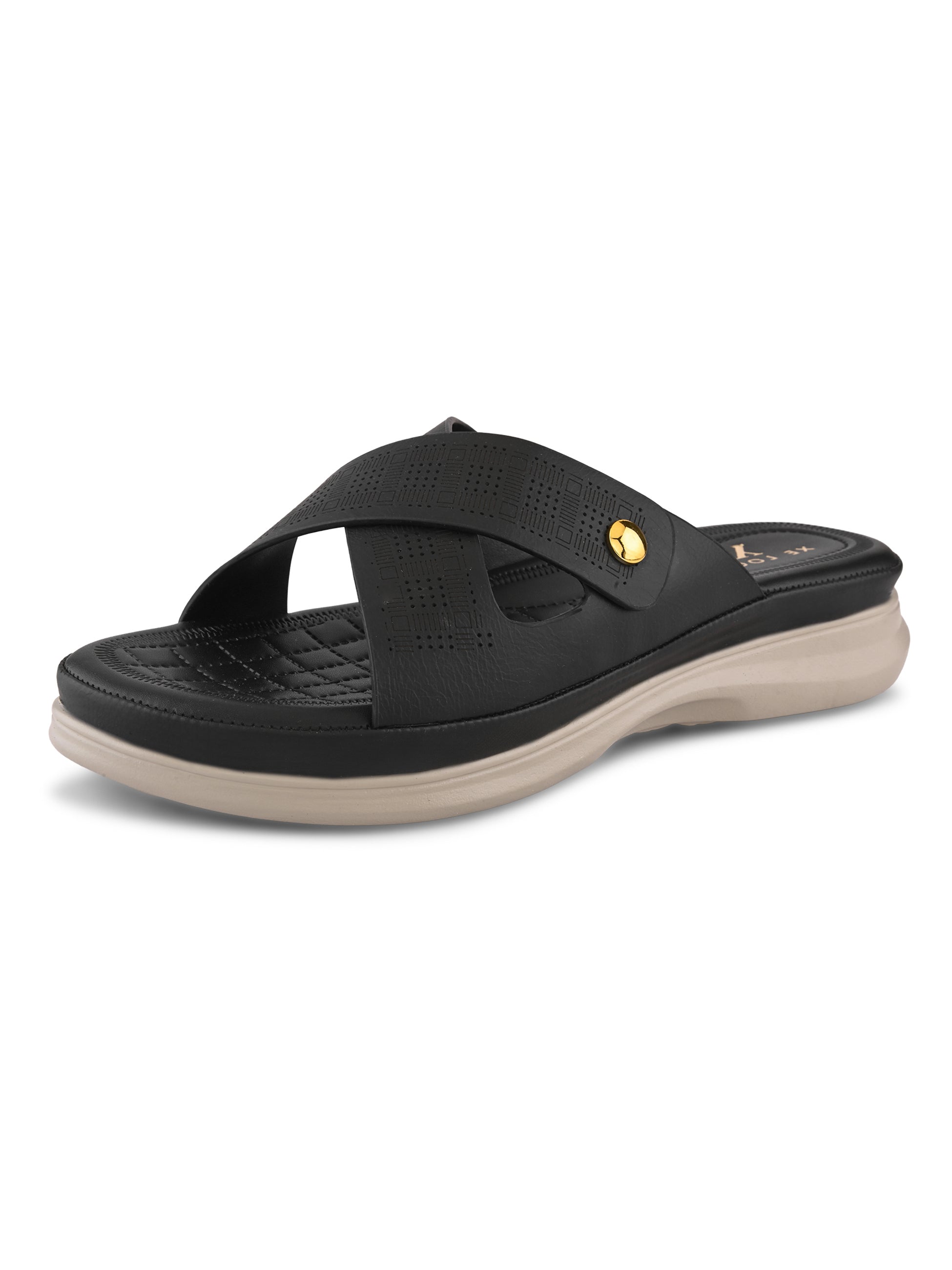 Textured Cross Strap Gold Accent Cushioned Comfort Platform Sandals