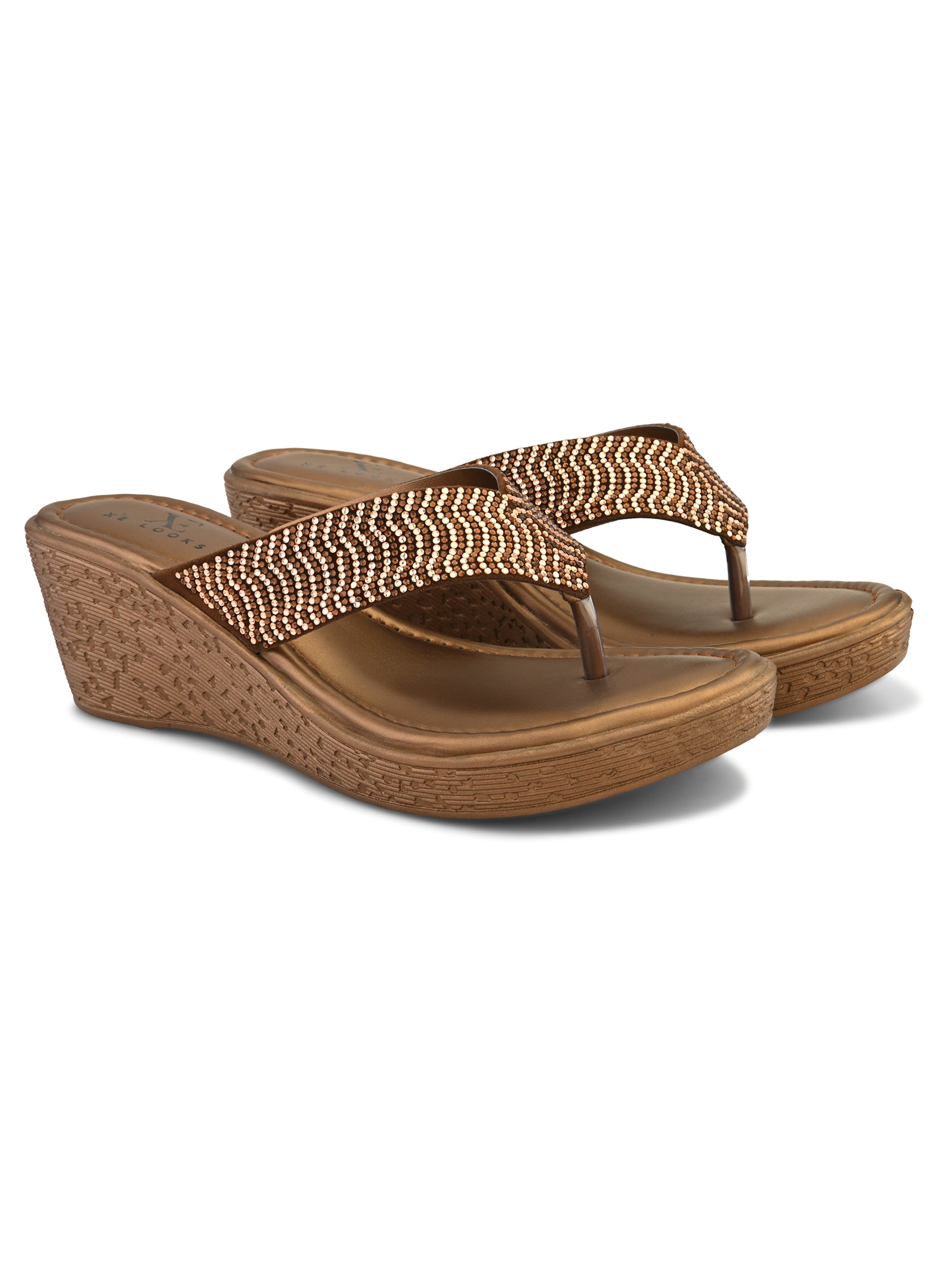 Wedge Thong Sandals Pleated Upper Strap with Subtle Rhinestone Embellishments