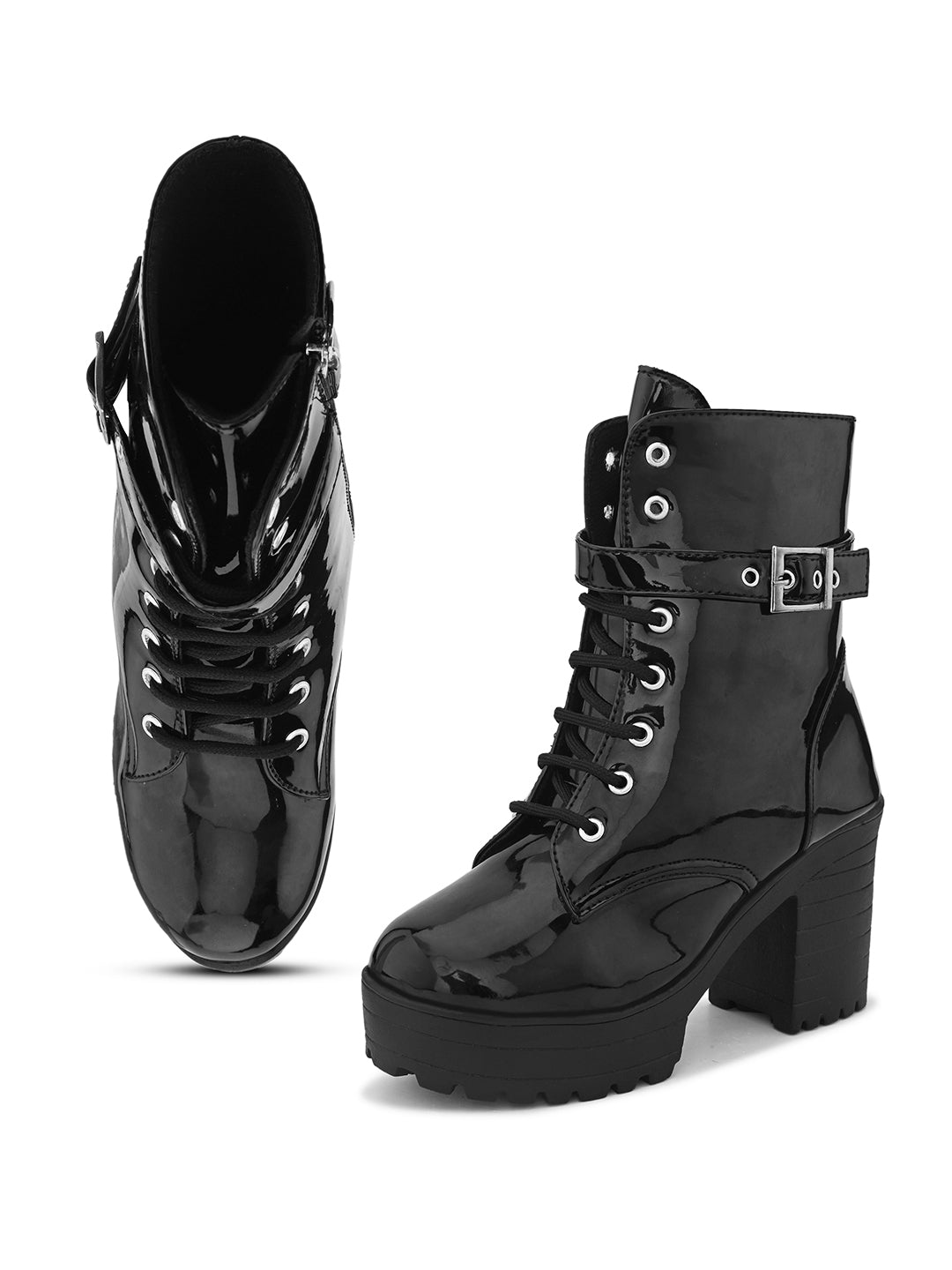 Comfortable zipper black block heel boots
