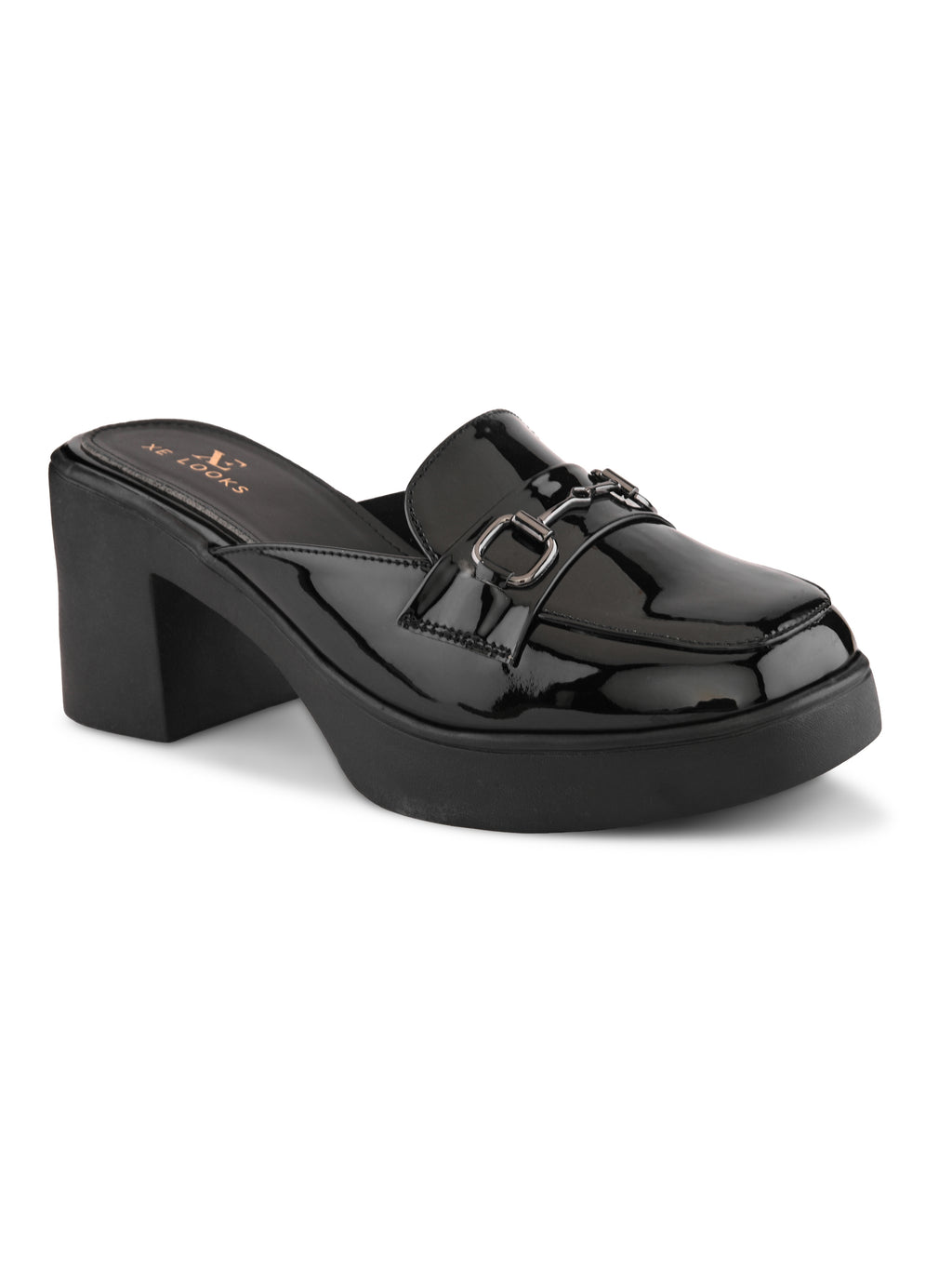 Elegant Patent Mule Loafers with Metal Chain Detail