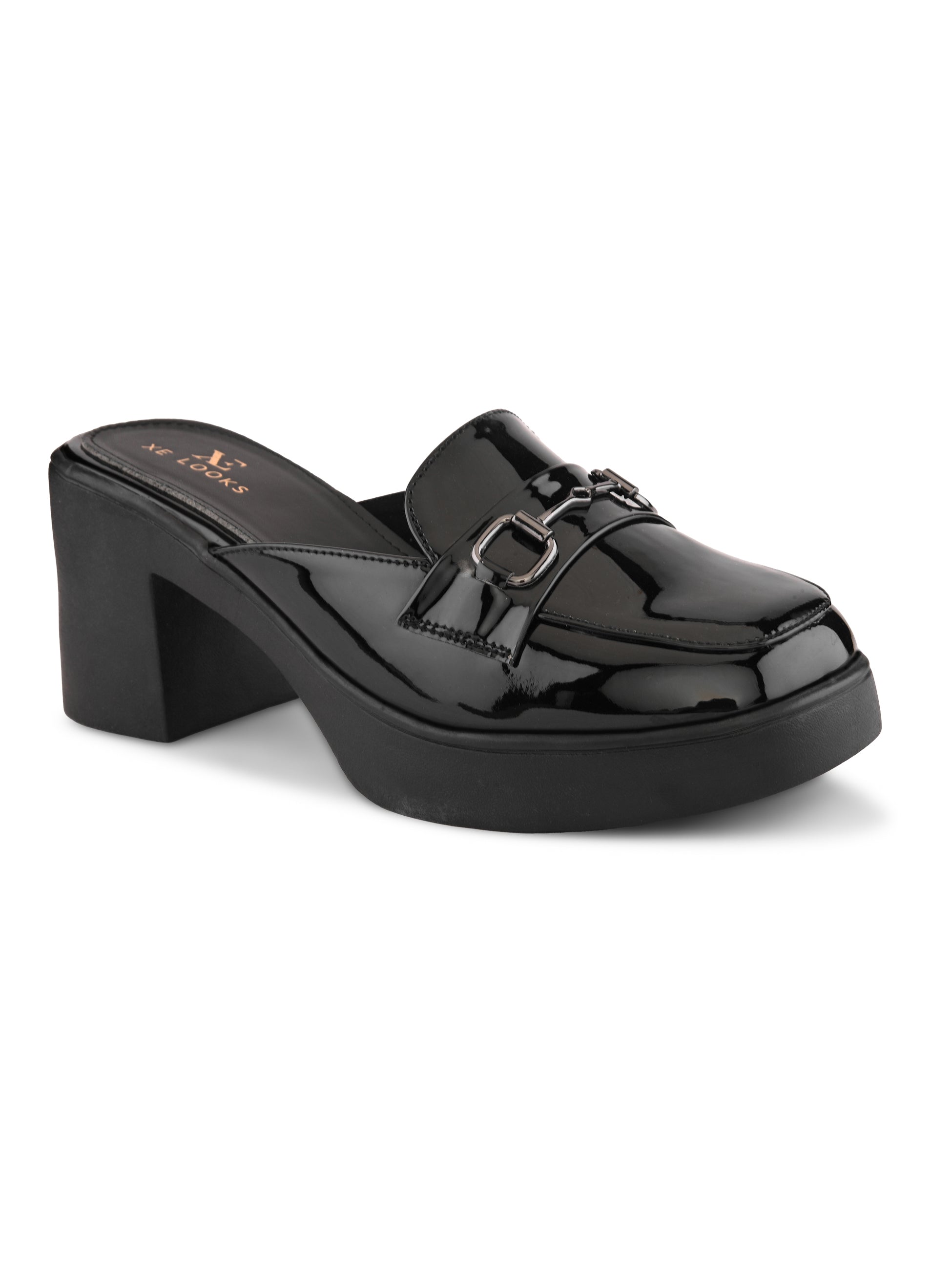 Elegant Patent Mule Loafers with Metal Chain Detail