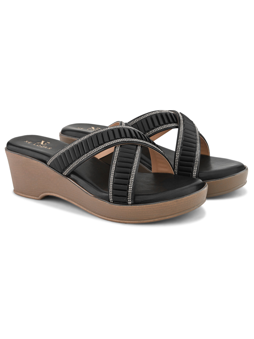 Criss-Cross Wedge Sandals for Women Pleated Straps with Subtle Shine Detailing