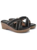 Criss-Cross Wedge Sandals for Women Pleated Straps with Subtle Shine Detailing