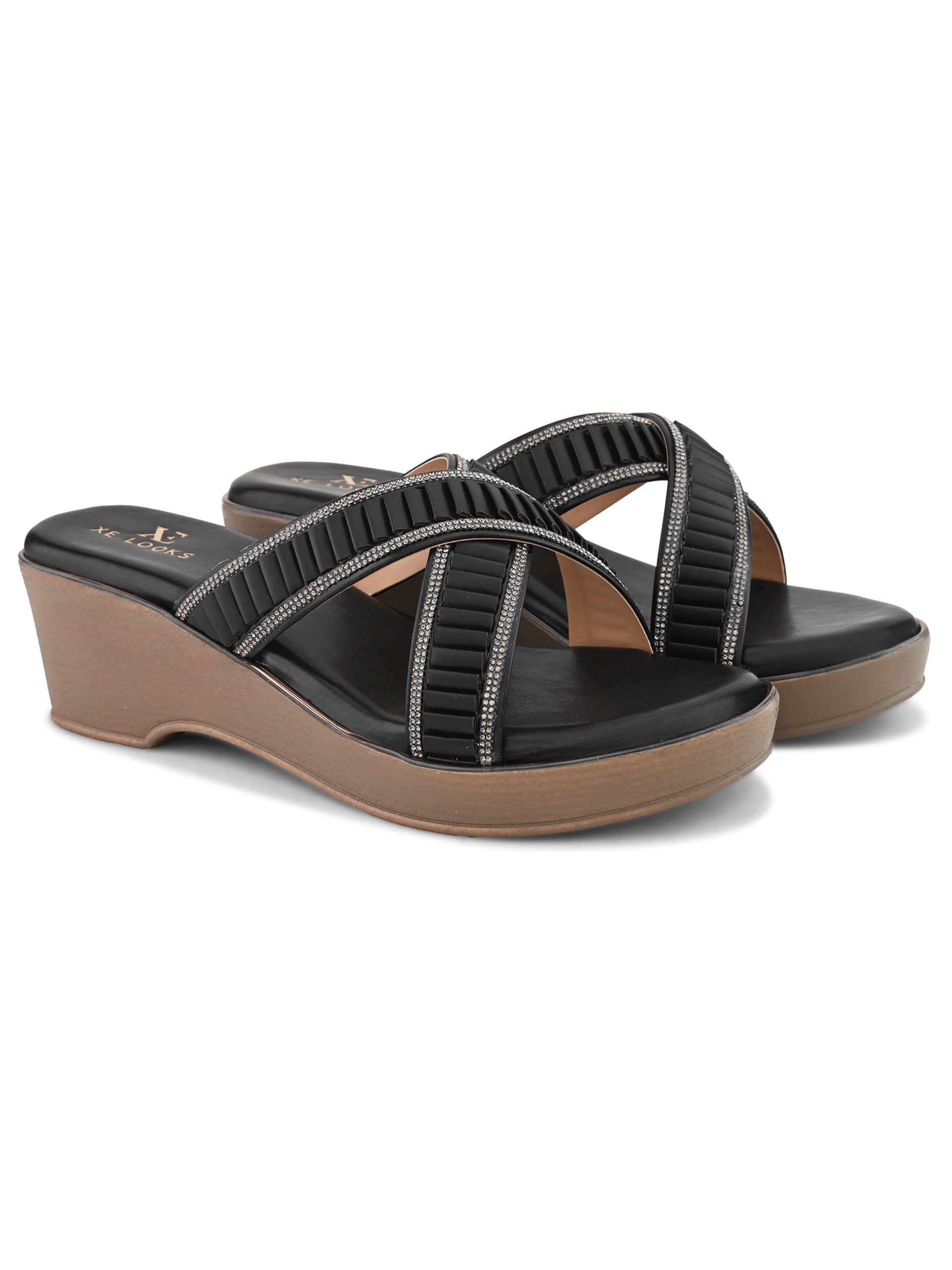 Criss-Cross Wedge Sandals for Women Pleated Straps with Subtle Shine Detailing