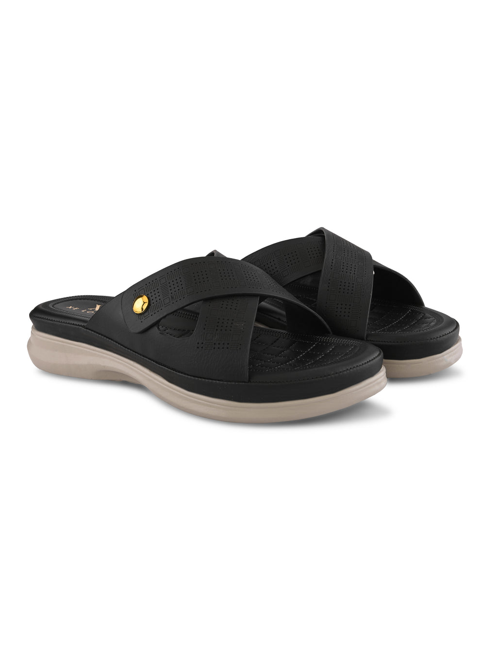 Textured Cross Strap Gold Accent Cushioned Comfort Flat Slippers