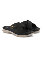 Textured Cross Strap Gold Accent Cushioned Comfort Flat Slippers