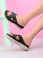 Textured Cross Strap Gold Accent Cushioned Comfort Flat Slippers