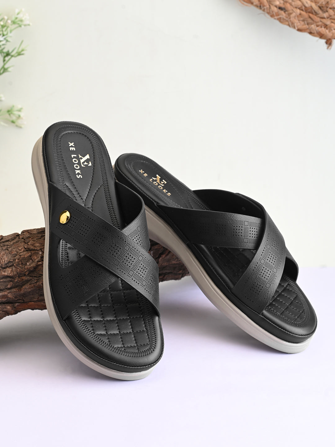Textured Cross Strap Gold Accent Cushioned Comfort Platform Sandals