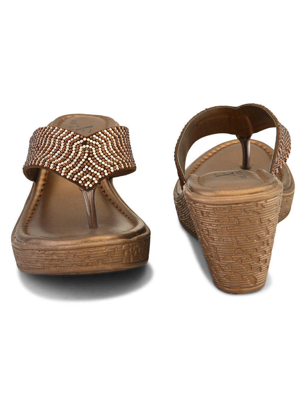 Wedge Thong Sandals Pleated Upper Strap with Subtle Rhinestone Embellishments