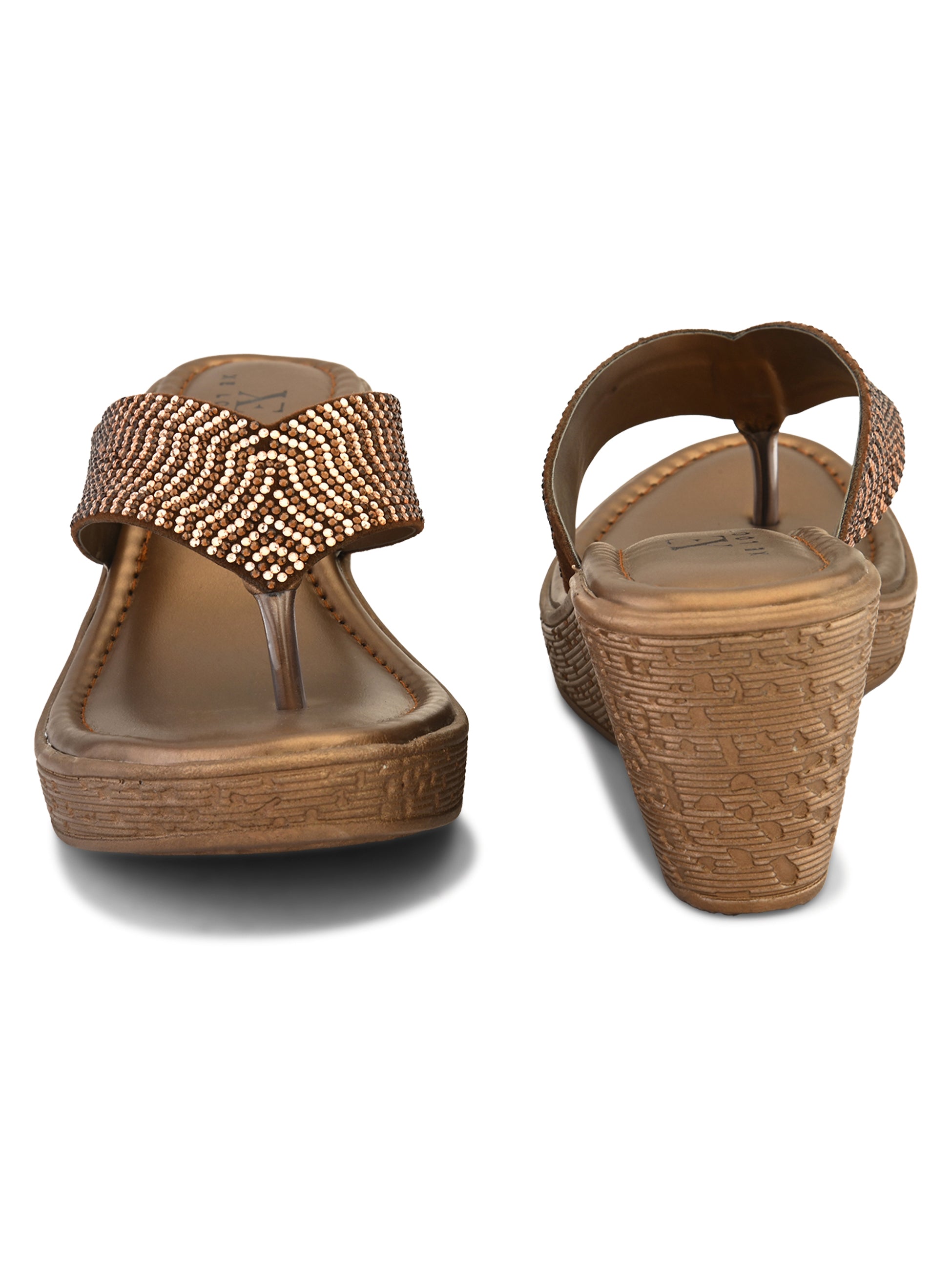 Wedge Thong Sandals Pleated Upper Strap with Subtle Rhinestone Embellishments