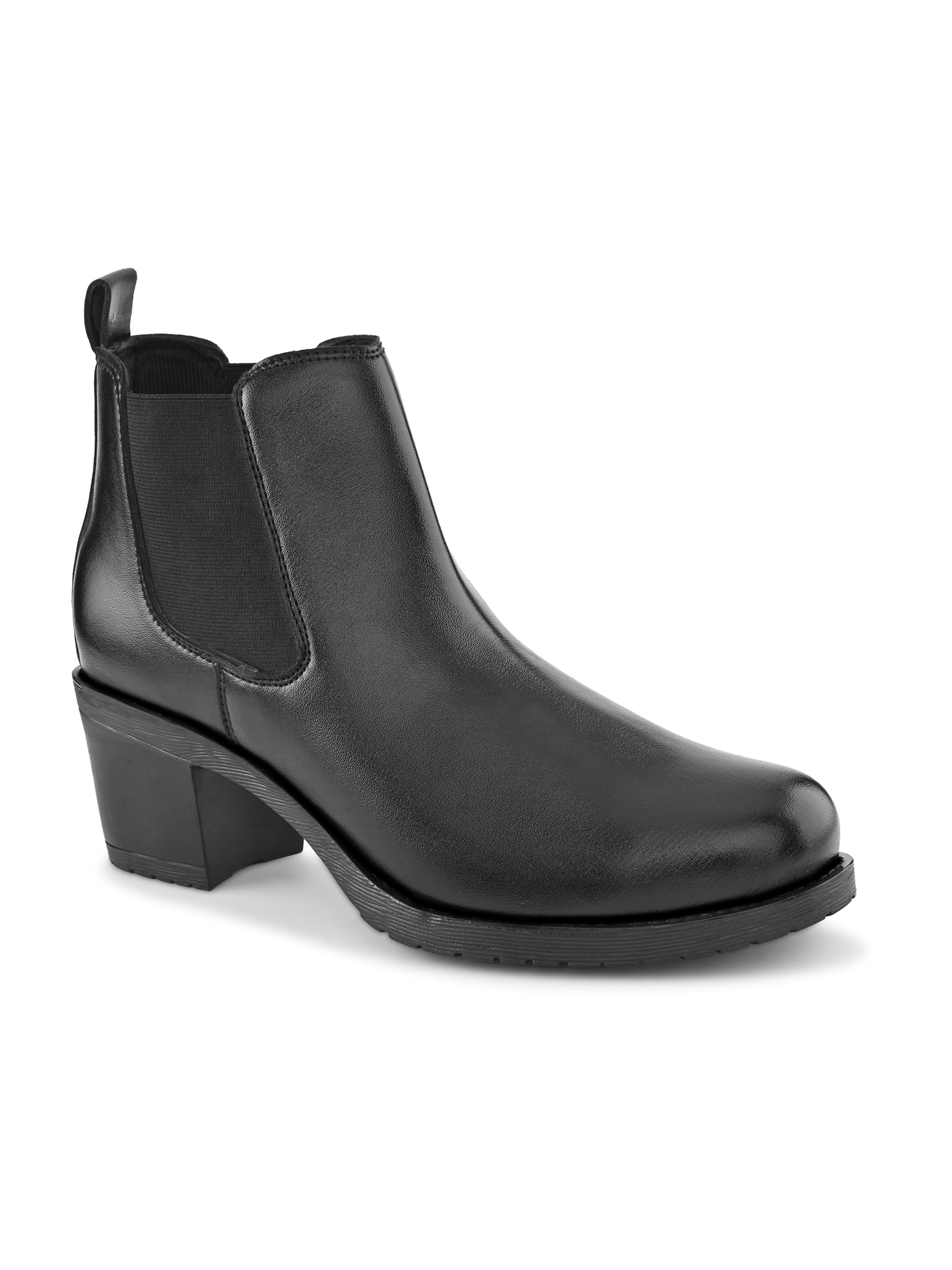 Smooth Finish Elastic Panel Block Heel Chelsea Boots