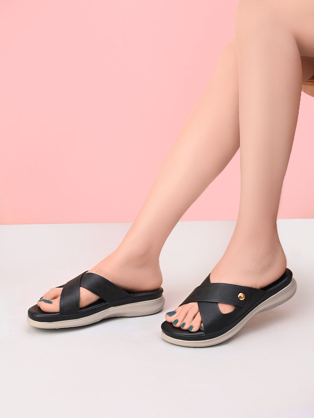 Textured Cross Strap Gold Accent Cushioned Comfort Platform Sandals