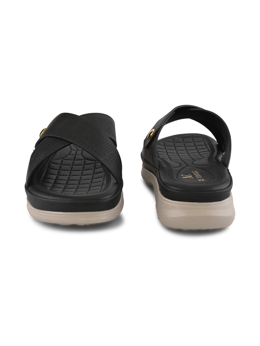 Textured Cross Strap Gold Accent Cushioned Comfort Flat Slippers