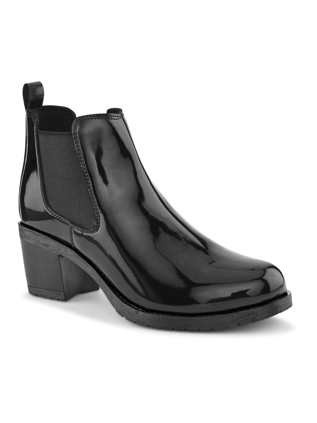 Glossy Elastic Panel Block Heel Chelsea Boots