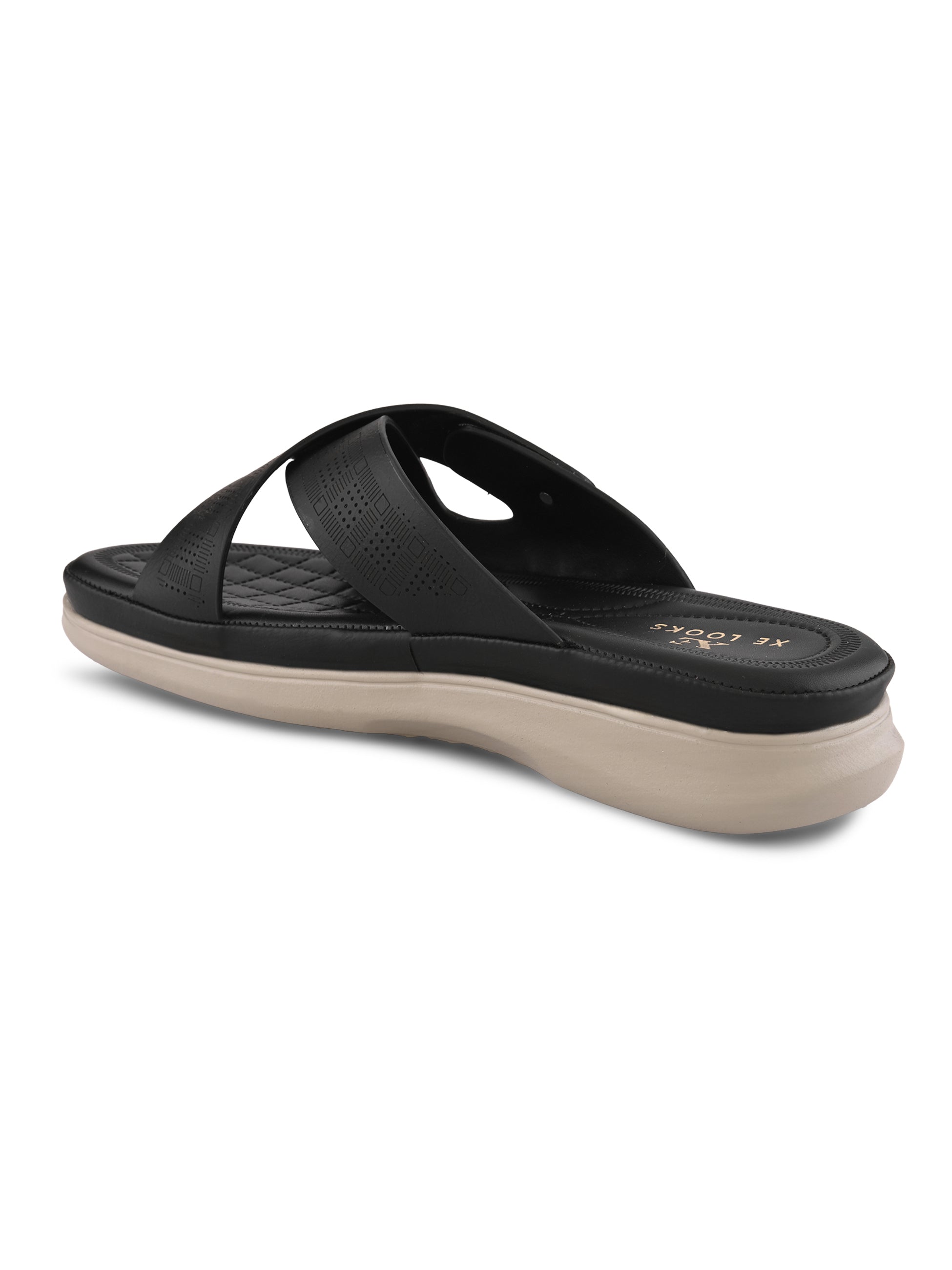 Textured Cross Strap Gold Accent Cushioned Comfort Flat Slippers