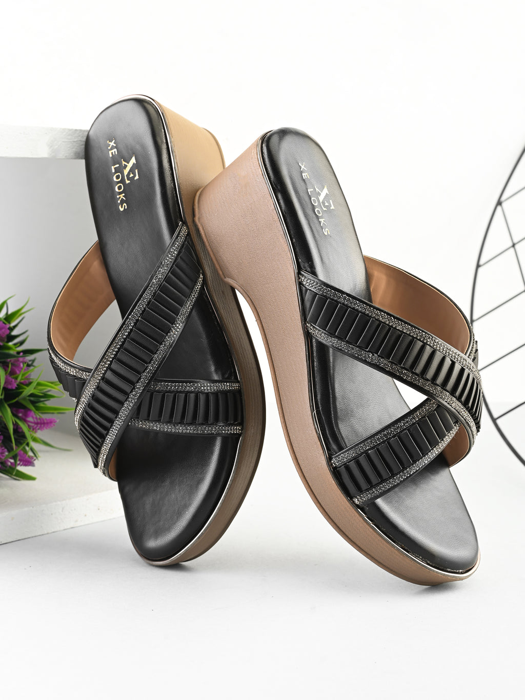 Criss-Cross Wedge Sandals for Women Pleated Straps with Subtle Shine Detailing
