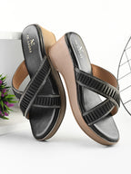 Criss-Cross Wedge Sandals for Women Pleated Straps with Subtle Shine Detailing
