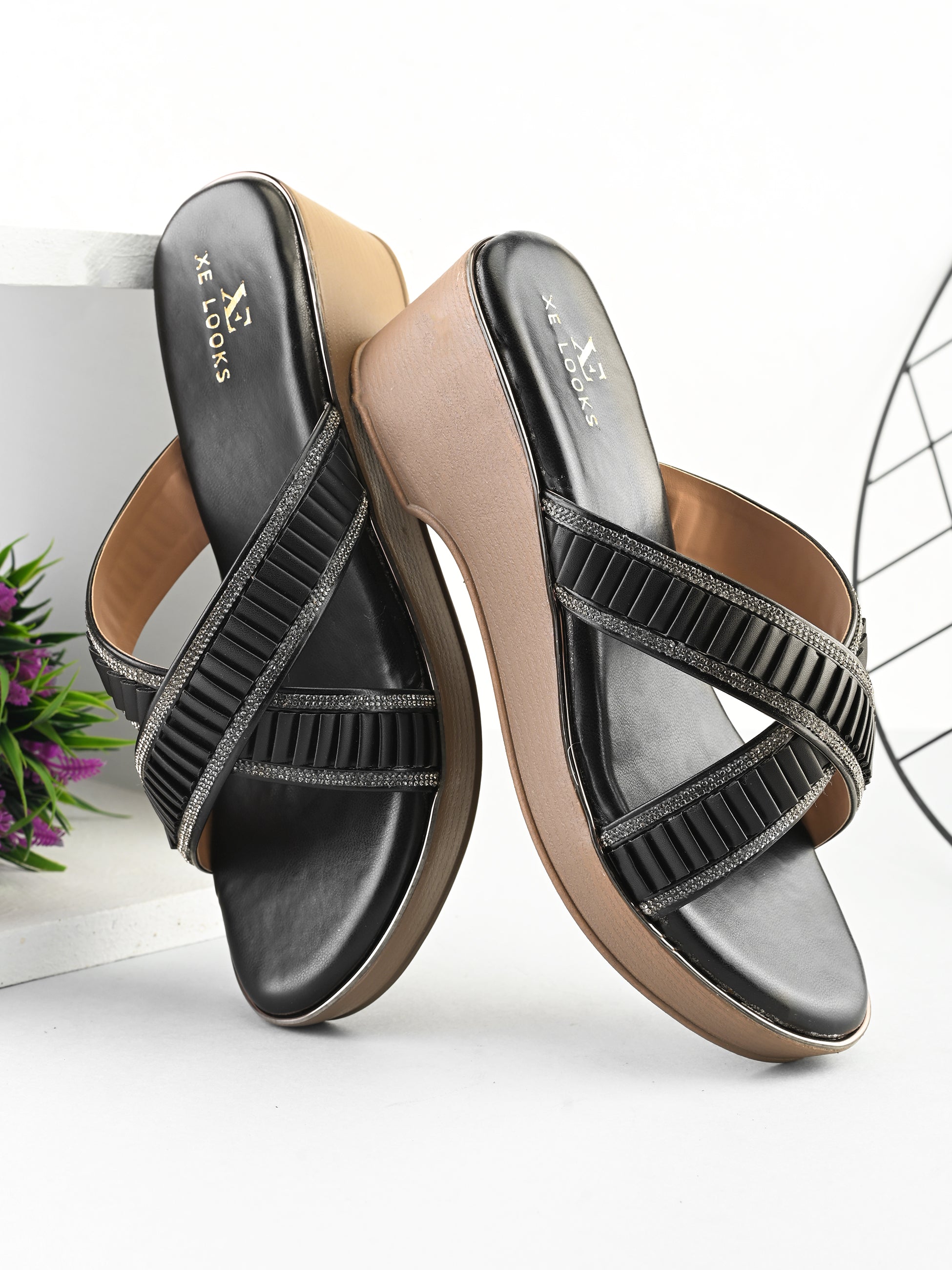 Criss-Cross Wedge Sandals for Women Pleated Straps with Subtle Shine Detailing